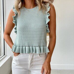 Mable Crochet Knit Ruffle Keyhole Boho Cropped Top in Mint